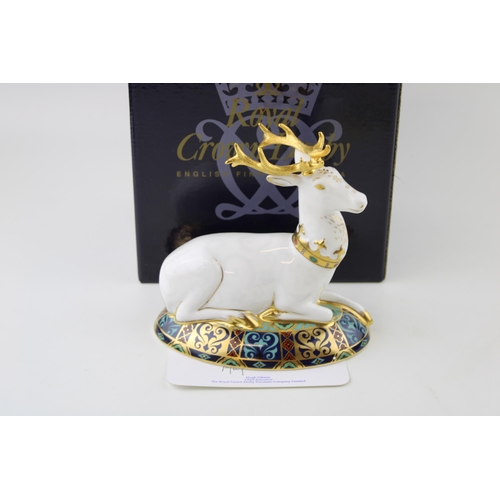 17 - Boxed Royal Crown Derby paperweight, The White Hart, first quality with gold stopper, with certifica... 