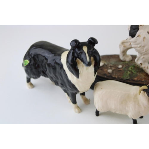 177 - Beswick to include a Tamworth pig, two sheep, a large collie and a spaniel on base (5).