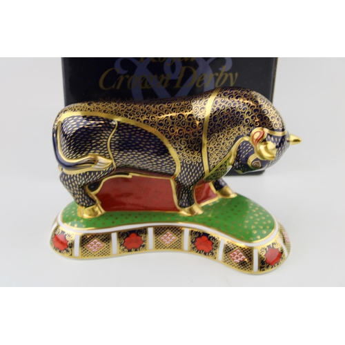 18 - Boxed Royal Crown Derby paperweight, Grecian Bull, first quality with gold stopper.