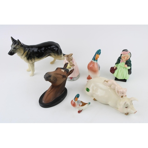 185 - Beswick to include an Alsatian, a horse head wall plaque, piggy back and others to include a Doulton... 