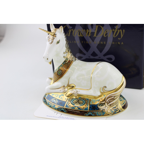 19 - Boxed Royal Crown Derby paperweight, Unicorn, first quality with gold stopper, with certificate.