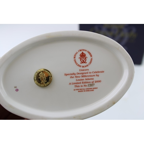 19 - Boxed Royal Crown Derby paperweight, Unicorn, first quality with gold stopper, with certificate.