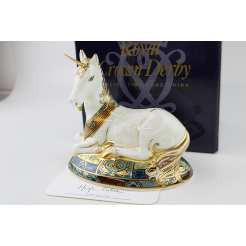 20 - Boxed Royal Crown Derby paperweight, Unicorn, first quality with gold stopper, with certificate.