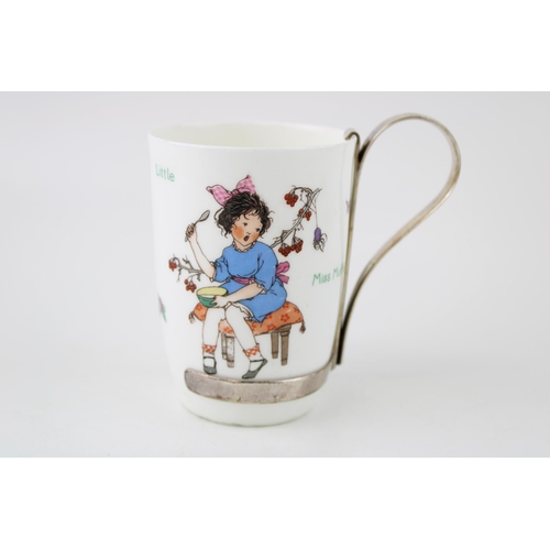 215 - Royal Doulton Little Miss Muffet seriesware cup with silver plated mount, 9.5cm tall.