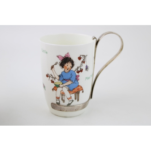 215 - Royal Doulton Little Miss Muffet seriesware cup with silver plated mount, 9.5cm tall.