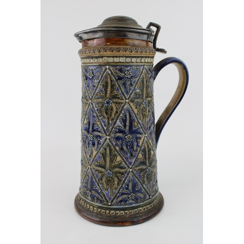 226 - Doulton Lambeth lemonade jug, Francis E Lee, 26cm tall, metal fittings.