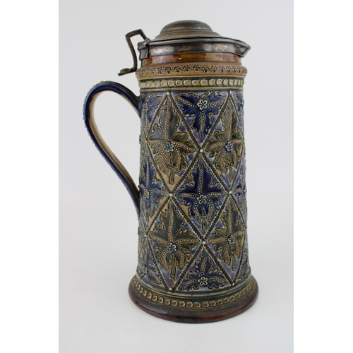 226 - Doulton Lambeth lemonade jug, Francis E Lee, 26cm tall, metal fittings.