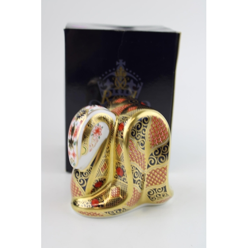 26 - Boxed Royal Crown Derby paperweight, Old Imari Snake, first quality with gold stopper.