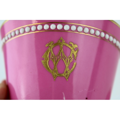 274 - Royal Worcester pink moustache cup, Christopher Dresser style, beaded decoration, gilded decoration,... 