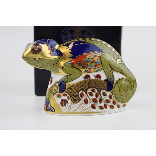 28 - Boxed Royal Crown Derby paperweight, Chameleon, first quality with gold stopper.