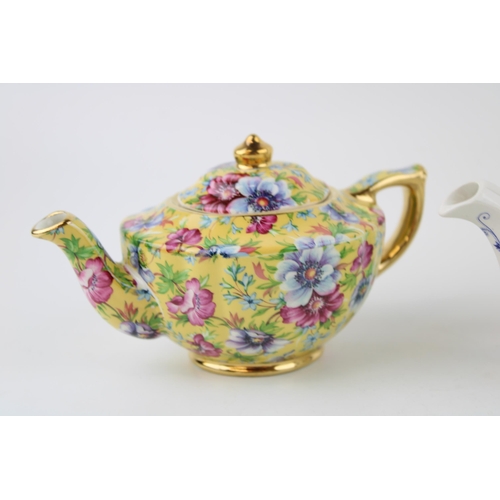 298 - Two James Sadler small teapots to include a Sophie Chintz and a Fruit Harvest example, largest 17cm ... 