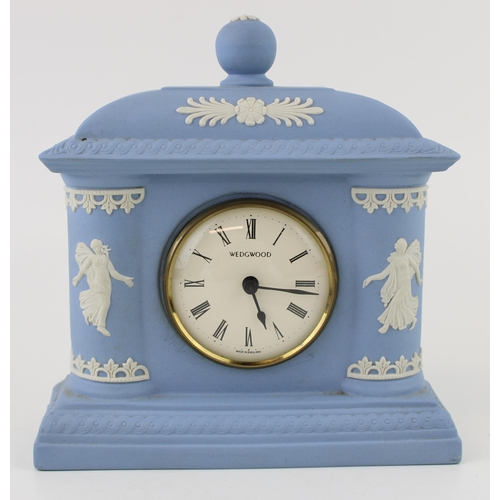 312 - Wedgwood Blue Jasperware Dancing Hours mantle clock, 16cm wide, working.