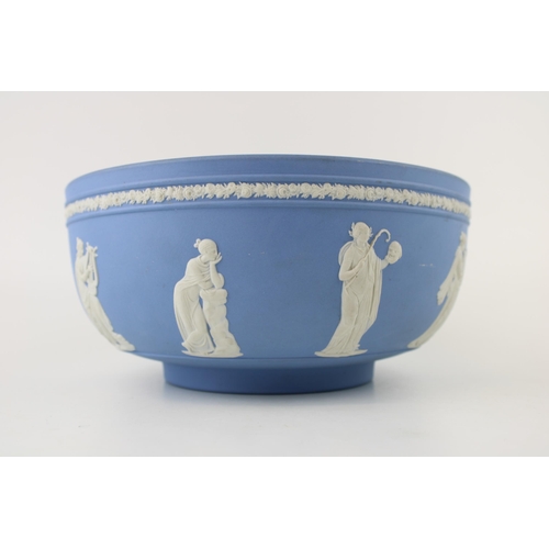 313 - Wedgwood Blue Jasperware sacrifice bowl with unusual relief decorations of 'Muse and Apollo' maidens... 