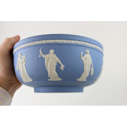 313 - Wedgwood Blue Jasperware sacrifice bowl with unusual relief decorations of 'Muse and Apollo' maidens... 