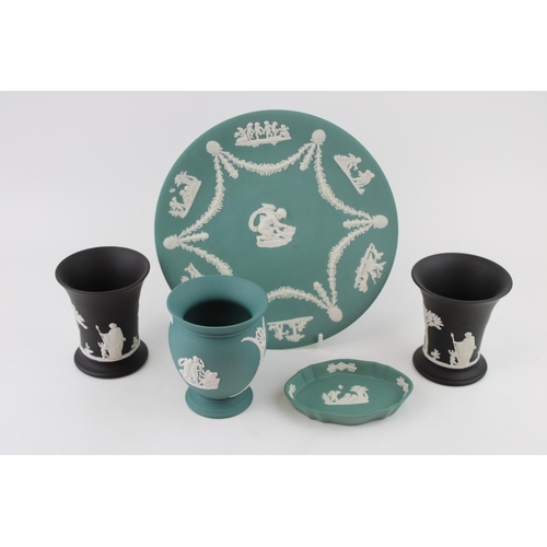 317 - A collection of Wedgwood Jasperware items in Teal and Black colours to include pair of vases, pin tr... 