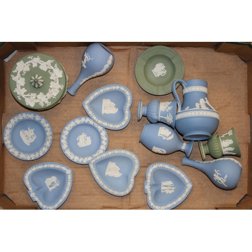 320 - A collection of Wedgwood Jasperware items in Wedgwood Blue and Sage Green. (14)