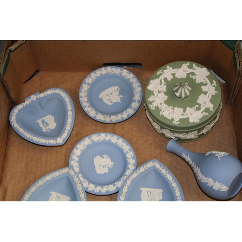 320 - A collection of Wedgwood Jasperware items in Wedgwood Blue and Sage Green. (14)