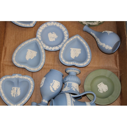 320 - A collection of Wedgwood Jasperware items in Wedgwood Blue and Sage Green. (14)