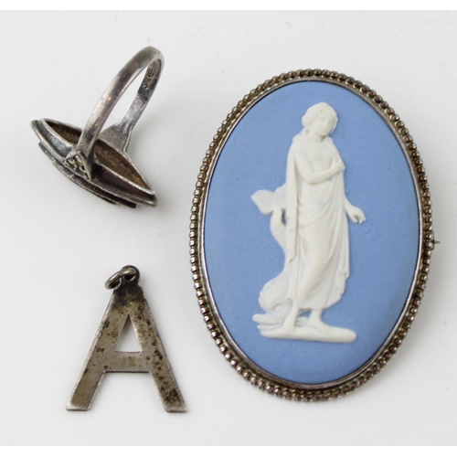 323 - A Wedgwood Jasperware silver brooch (5cm) together with a marquisite ring and a silver letter 'A' pe... 