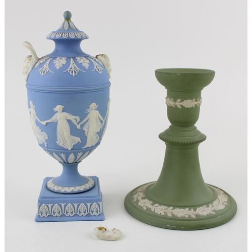 327 - Wedgwood Blue Jasperware two handled urn with Dancing Hours relief to body, ornate mask handle bases... 