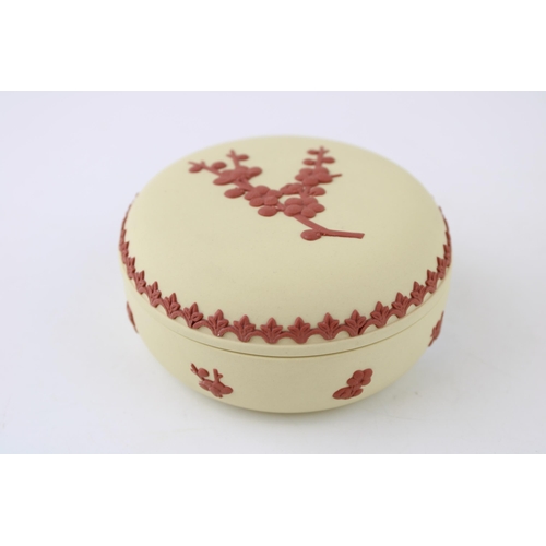 335 - A Wedgwood Jasperware Prunus lidded pot, Terracotta on Primrose. Marked 75. 9.5cm diameter. Height 4... 