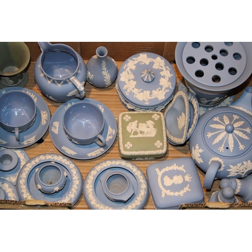 347 - A mixed collection of Wedgwood Jasperware items in blue and sage green, to include a pair of cups an... 