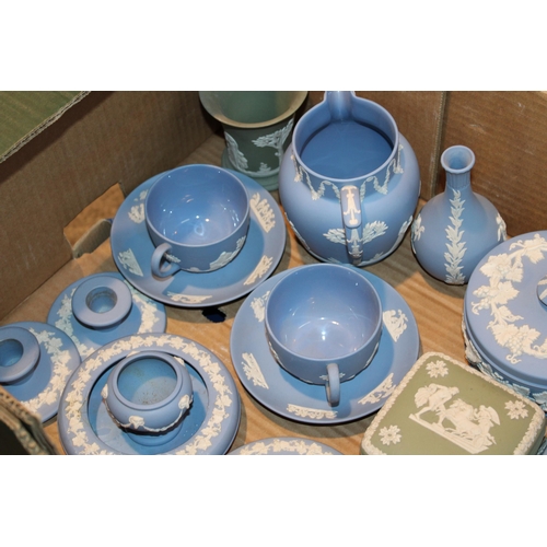 347 - A mixed collection of Wedgwood Jasperware items in blue and sage green, to include a pair of cups an... 