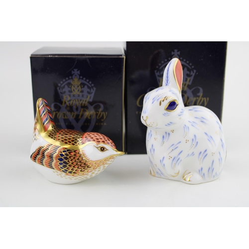 37 - Boxed Royal Crown Derby paperweights, Snowy Rabbit and a Derby Wren, first quality with gold stopper... 