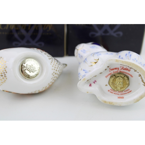 37 - Boxed Royal Crown Derby paperweights, Snowy Rabbit and a Derby Wren, first quality with gold stopper... 