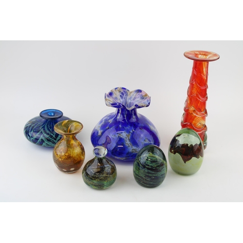 374 - A collection of studio glass to include a Mdina glass vase, orange /red, tapered form, paperweights,... 