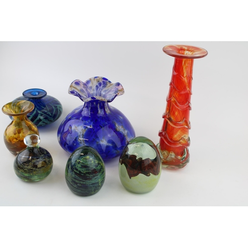 374 - A collection of studio glass to include a Mdina glass vase, orange /red, tapered form, paperweights,... 