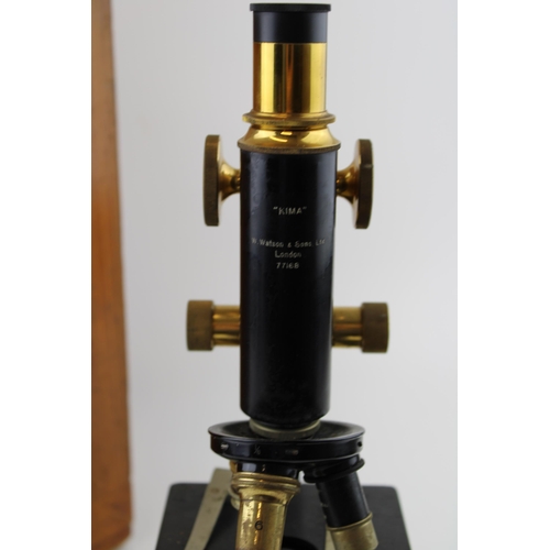 386 - An early c20th brass & steel microscope 'Kima' W. Watson & Sons Ltd, London '77168' in an original w... 