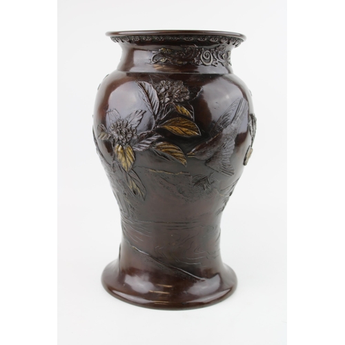 398 - Late 19th / early 20th century Japanese bronze baluster vase, birds amongst foluage, gilt highlights... 