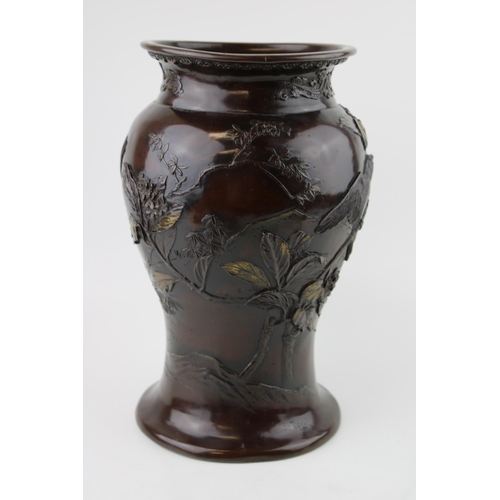 398 - Late 19th / early 20th century Japanese bronze baluster vase, birds amongst foluage, gilt highlights... 