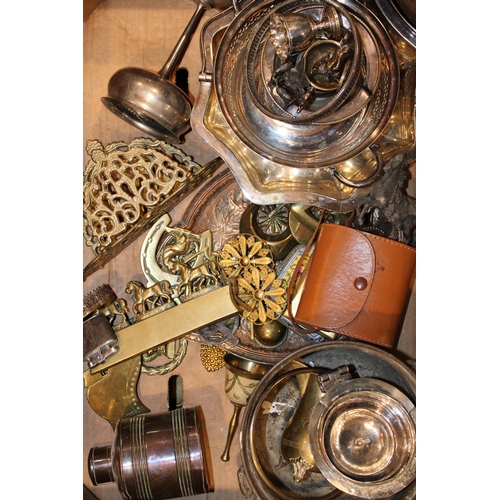 464 - A large collection of metalware to include silver plate, brass and copper items with old horse brass... 