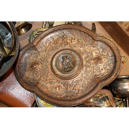 464 - A large collection of metalware to include silver plate, brass and copper items with old horse brass... 