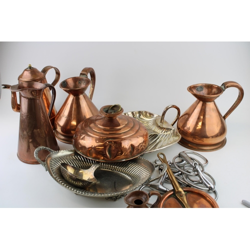 466 - Metalware to include copper ware such as haystack jugs and others, a coffee pot and silver plated wa... 