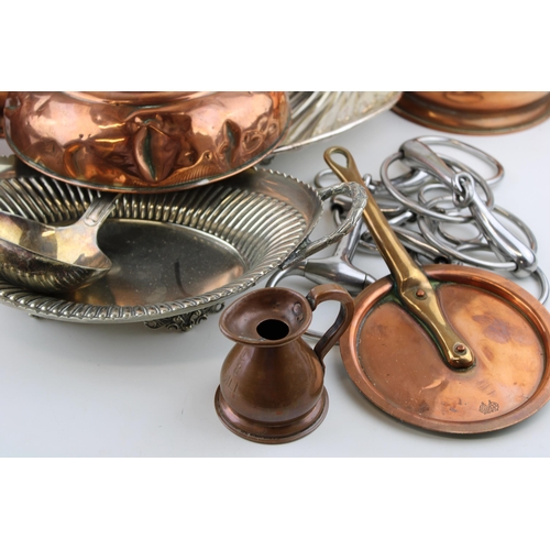 466 - Metalware to include copper ware such as haystack jugs and others, a coffee pot and silver plated wa... 