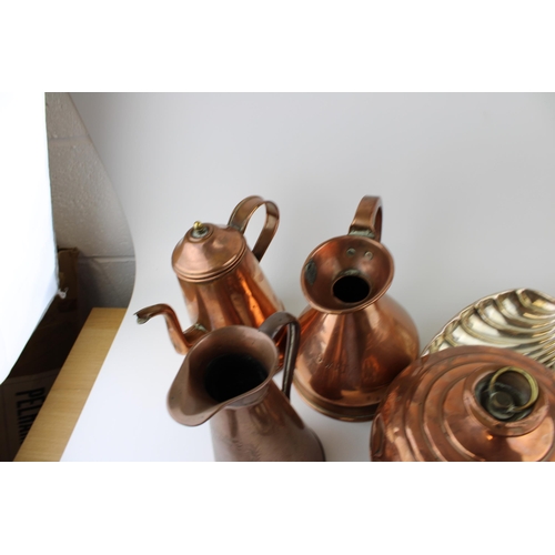 466 - Metalware to include copper ware such as haystack jugs and others, a coffee pot and silver plated wa... 