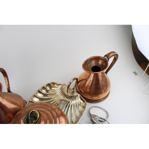 466 - Metalware to include copper ware such as haystack jugs and others, a coffee pot and silver plated wa... 