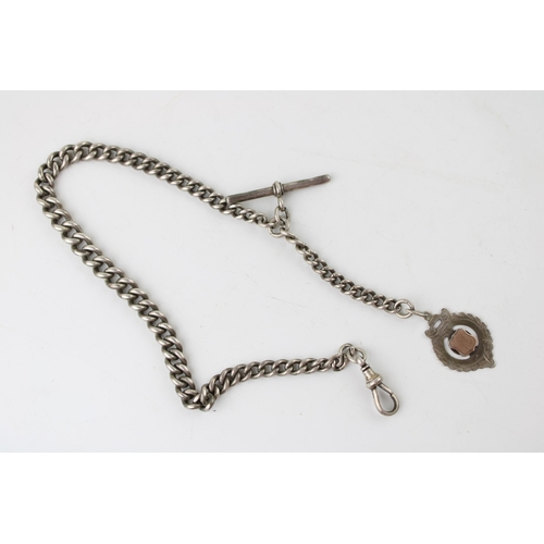 472 - Silver albert watch chain, graduated, with silver t-bar and fob, 38.5cm long, 48.3g.