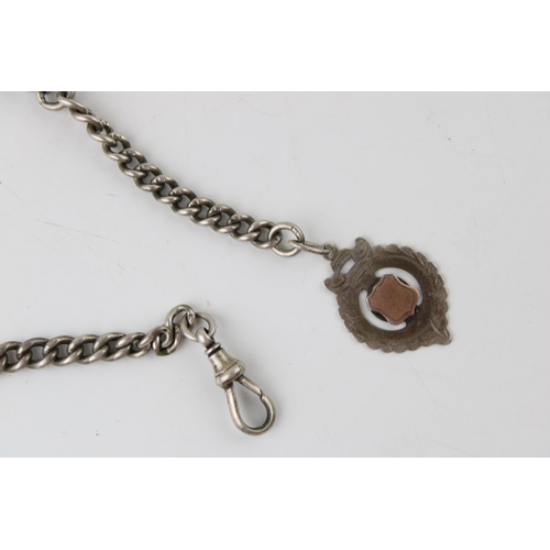 472 - Silver albert watch chain, graduated, with silver t-bar and fob, 38.5cm long, 48.3g.