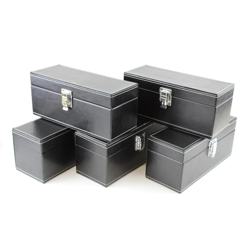 496 - Five leather coin boxes / holders for graded / slabbed coins, each holding 20 plastic rectangular ca... 