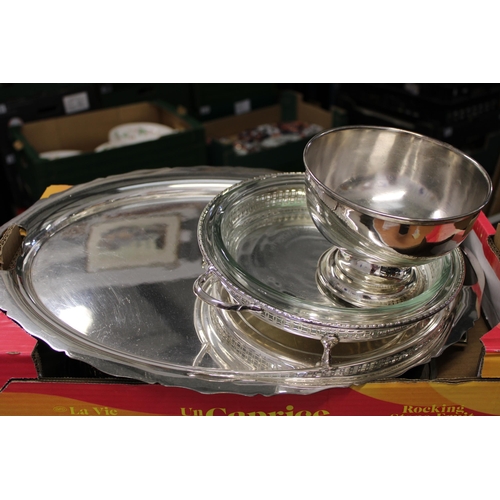 509 - A large group of silver plate including a number of trays, one of rectangular form with reeded edge,... 