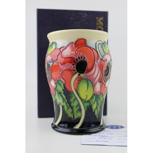 51 - Boxed Moorcroft Poppy Trial vase, dated 2017, Emma Bossons, first quality, 14cm tall.