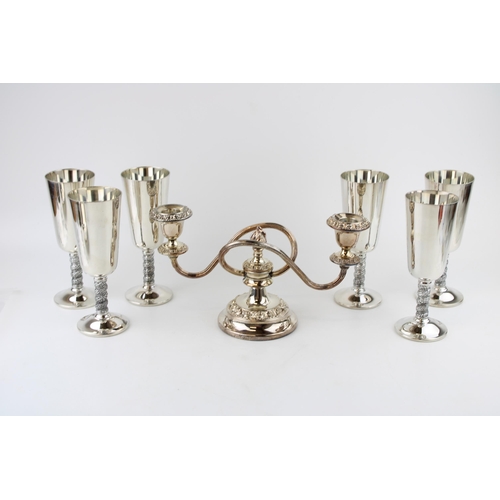 511 - A set of six silver plated goblets with floral engraved wrythen stems by Angulo of Spain, together w... 