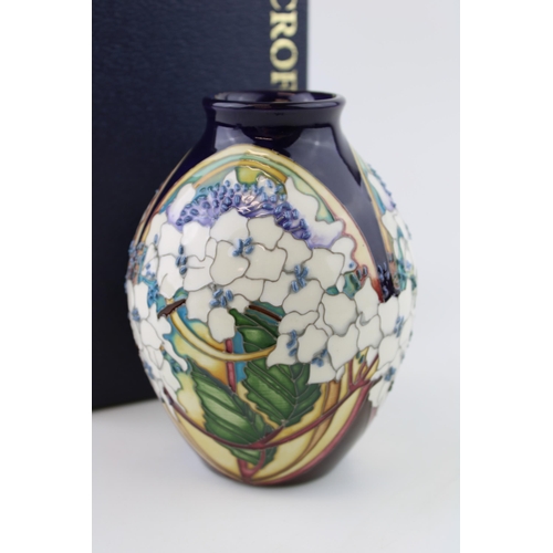 54 - Boxed Moorcroft in the Hydrangea pattern, first quality, 14cm tall, shape 3/5, 2015.