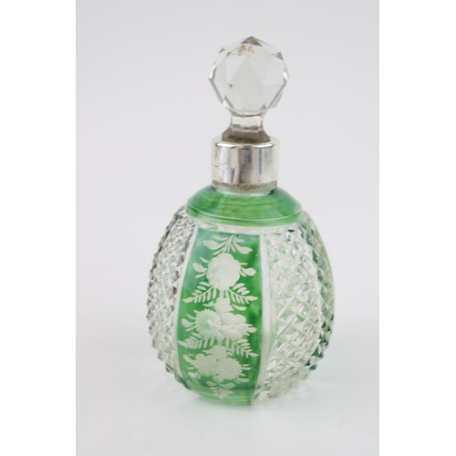 542 - Silver and glass perfume bottle, etched design, green highlights, Birmingham 1903, W G Keight, 13.5c... 