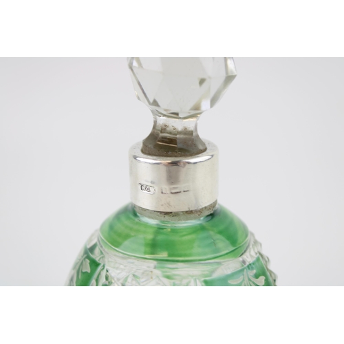 542 - Silver and glass perfume bottle, etched design, green highlights, Birmingham 1903, W G Keight, 13.5c... 