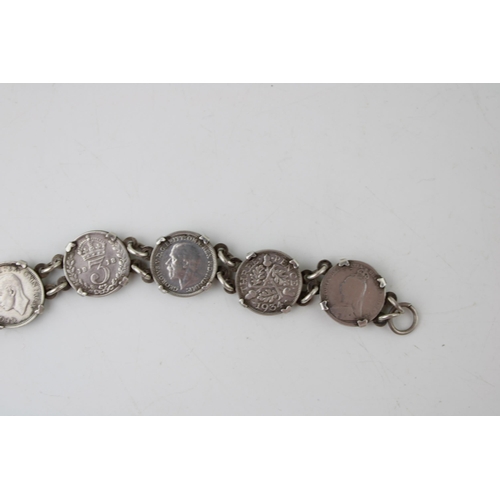 562 - A silver bracelet hallmarked Birmingham set with a collection of silver Threpenny bit coins, all pre... 